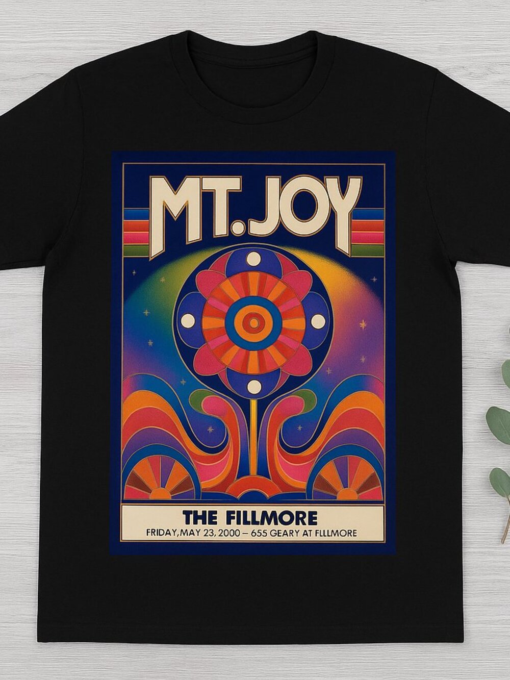 Psychedelic Concert Poster Graphic Tee Retro Groovy Flower Art Black